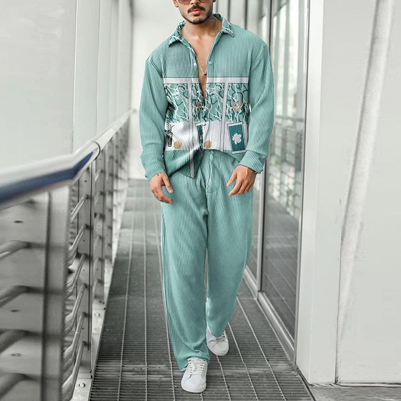 sanyamk New Fashion Pattern Printing Two Piece Sets Men Spring Fall Leisure Long Sleeve Shirts And Pants Suits Mens Casual Loose Outfits