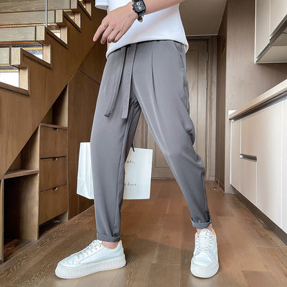 sanyamk New Slim Fitting Thin Casual Suit Pants Men Loose Korean Fashion Large Drawstring Western Pants Summer Solid Color Trousers