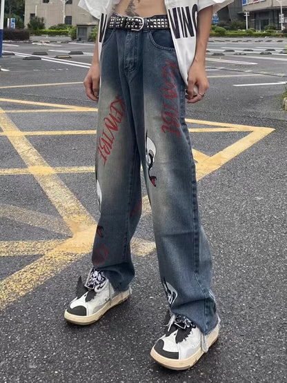 Bonsir Vibe Style Skull Letter Print Punk Men Baggy Jeans Pants Y2K Hombre Straight Loose Hip Hop Denim Trousers Pantalon Homme