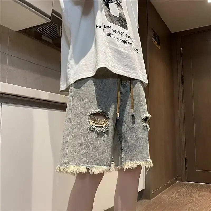 sanyamk Harajuku Trendy Youth Fashion Ins Men's Denim Shorts Artistic Holeed Loose-fit New Style Summer Season Other Pattern