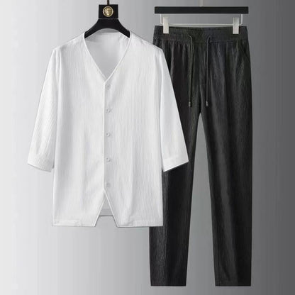 Bonsir Spring Summer New Half Sleeve Shirt And Trousers Men Two Piece Set Fashion Linent Suit Male Casual Solid Vintage Breathe Suit