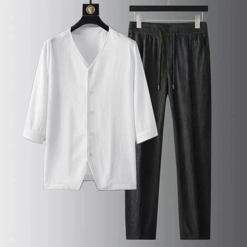 sanyamk Spring Summer New Half Sleeve Shirt And Trousers Men Two Piece Set Fashion Linent Suit Male Casual Solid Vintage Breathe Suit