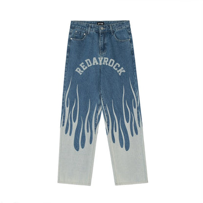 sanyamk Hip Hop Flame and Letter Print Patchwork Baggy Men's Denim Pants Harajuku Retro Straight Pocket Streetwear Casual Jeans Trousers