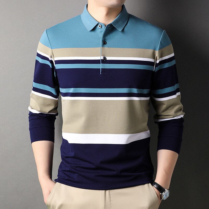 sanyamk New Arrival 2022 Autumn Men's Polo Shirt Long Sleeve Casual Business 100% Cotton Striped Polo Homme Tace & Shark Brand Polos