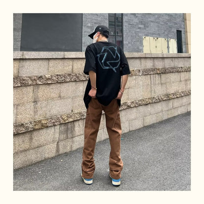 sanyamk New Fashion Letter Embroidery Vintage Brown Men Cargo Jeans Pants Ankle Zipper Hip Hop Baggy Straight Denim Trousers Pantalones