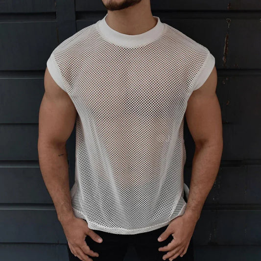 sanyamk 2024 Spring Summer Mens Sexy Tank Tops See Through Hollow Out Breathable Mesh Vest Shirt Men Vintage Solid Color Loose Camisole