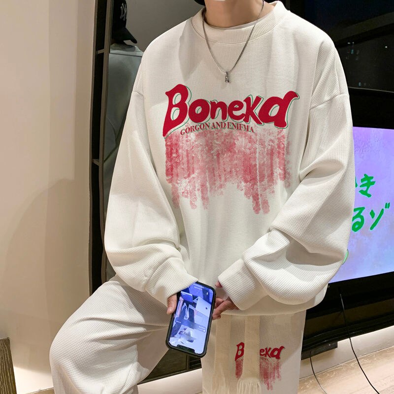 Bonsir Men's Graffiti Letter Printed Sweatshirt Sets Streetwear Oversized Casual Two Piece Tops Pants Suit Male 5XL Clothing