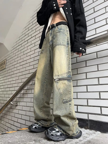 Bonsir Streetwear Pocket Design Men Jeans Cargo Pants Loose Plus Size Neutral Wide Leg Pants Harajuku Casual Denim Pants Gothic Y2K