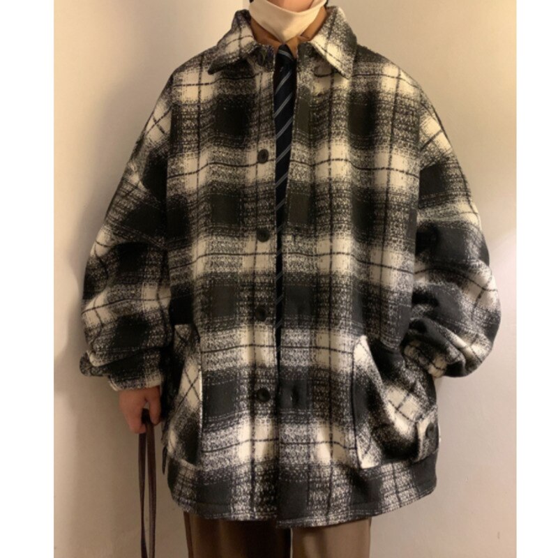 Bonsir Winter Thicke Woolen Coat Men Warm Fashion Retro Plaid Woolen Jacket Men Korean Loose Thick Short Woolen Coat Mens Jackets M-2XL