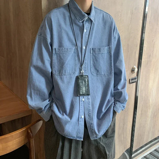 sanyamk Spring Autumn Men's Denim Shirts Pocket Long Sleeve Shirt Loose Fashion Male Jean Blouses Casual Solid Blue Cardigan 4XL