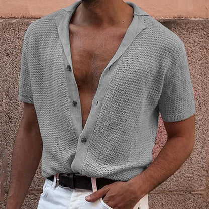 sanyamk 2024 summer Men's Knitted Shirt  Cool Silk Fabric Short Sleeve Buttons Thin Loose Shirts For Men Vintage Mens Clothing Tops