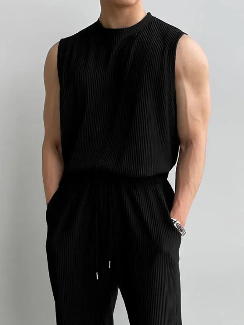 sanyamk Men Clothing Summer New Men's Ice Silk Sleeveless Tank Top Trousers Set Thin Loose Casual Daily Two Pieces Stylish Sets