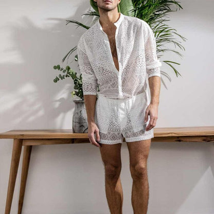 sanyamk New Arrivals Men Set Summer Sexy See Through Lace Outfits Beach Fashion Short Sleeved Tops And Shorts Mens Two Piece Suits