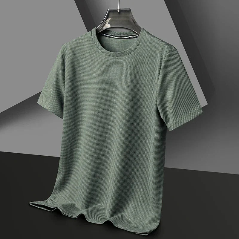 sanyamk 2024 Summer New Waffle Round Neck Short Sleeved Men T-shirt Minimalist Solid Color Male Top