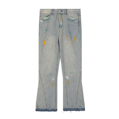 sanyamk High Street Wide Jeans Graffiti Micro Horn Jeans Vintage Hip Hop Denim Flared Pants Men Fashion Speckle Ink Wide Leg Washed Jean