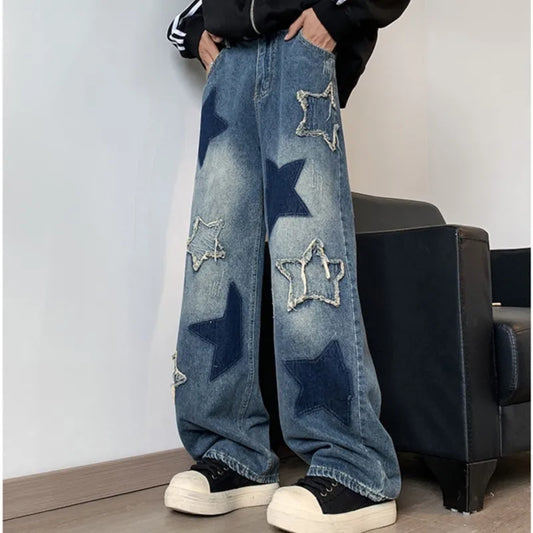 sanyamk Star Embroidery Patchwork  Jeans Men Straight Casual Autumn New Wide Leg Hip-hop Fashion Youth Neutral Streetwear Denim Trousers