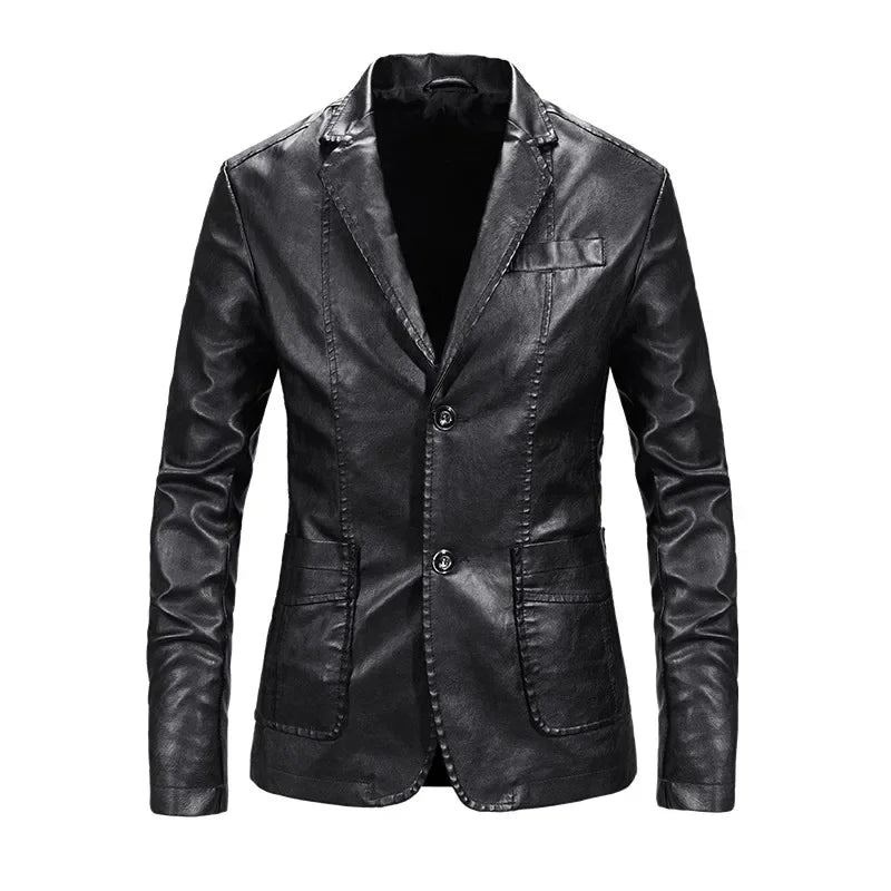 sanyamk Spring Autumn Men's Fashion Casual Motorcycle Leather Coat / Male Slim Fit Solid Colour Single Breasted Pu Suit Jacket