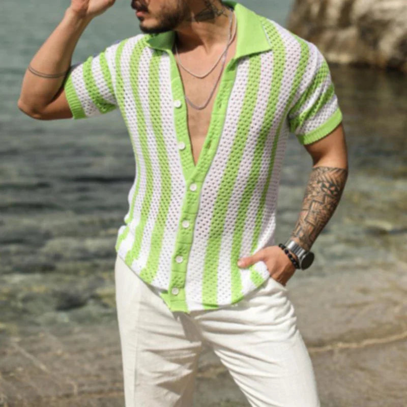 sanyamk  -  Male Collar Button-up Cardigan Social Shirt Men Clothing Hollow Loose T-shirts 2yk Top Fashion Striped Stitch Polos Shirts