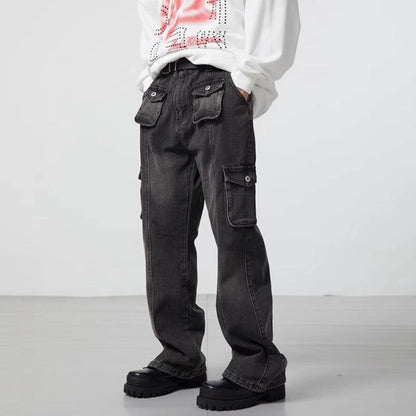 sanyamk High Street Washed Pockets Retro Jeans Pants for Men Straight Distressed Casual Baggy Denim Trousers Loose Hip Hop Cargos