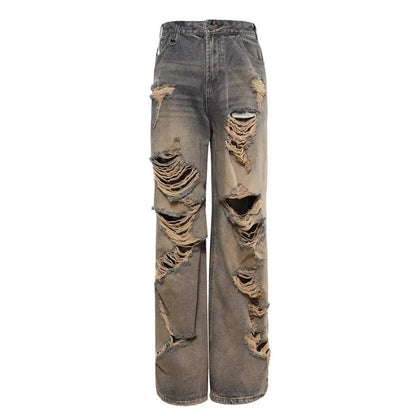 sanyamk American hip-hop street loose vintage washed hole straight leg jeans for men and women trendy and personalized casual pants y2k