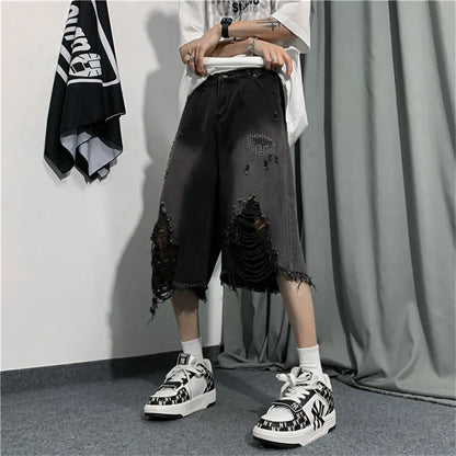 sanyamk New Style Ripped Denim Shorts Men's Clothing 2024 Summer Five-point Korean Casual Youth Straight Trousers Boutique Clothing