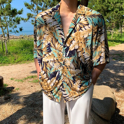 Bonsir Summer Short Sleeved Shirt Men Oversized Casual Printed Shirt Men Streetwear Korean Loose Floral Shirts Mens Hawaiian Shirt