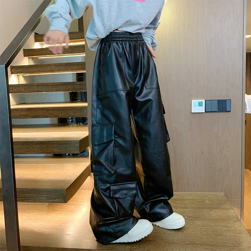 sanyamk Black Leather Pants Men Oversized Retro Pocket Cargo Pants Men Streetwear Hip-hop Loose Wide Leg Pants Mens Motorcycle Trousers