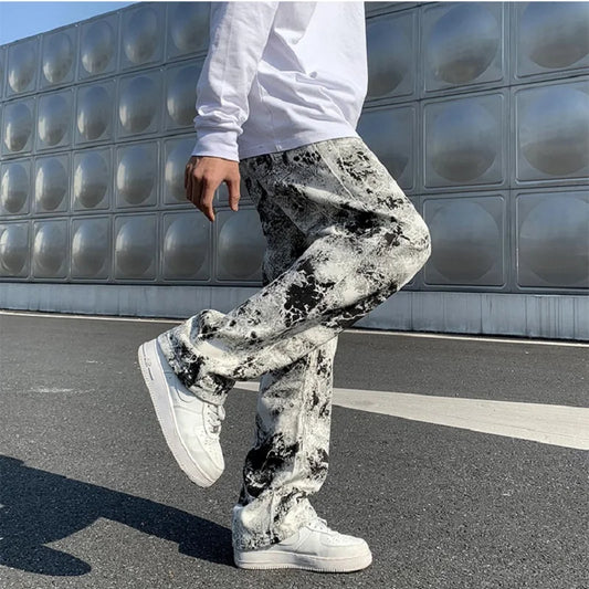 sanyamk Mens Fashion Printed jeans Spring Mopping Trousers Jeans Korean Style High Street Loose Hip Hop Wide-leg Jean Pants