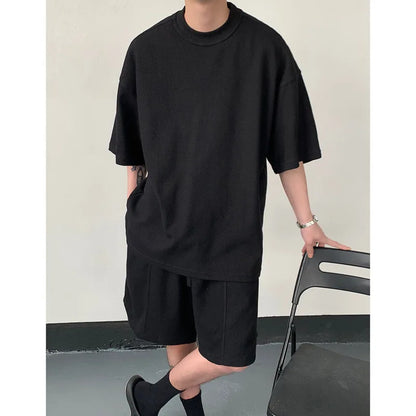 sanyamk  -  Summer Set Men Fashion Black Green Sports Set Men Streetwear Korean Loose Short Sleeved T-shirts Shorts Set Mens Short Sets