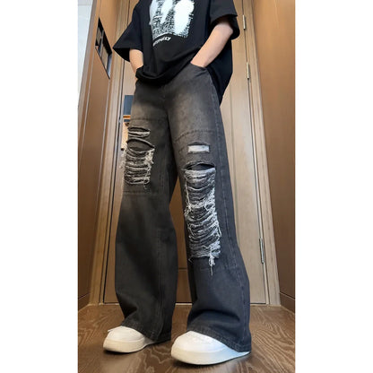 sanyamk Spring Summer Vintage Streetwear Ripped Hole Jeans Men Women Harajuku Aesthetic Wide Leg Denim Trousers Unisex Straight Pants