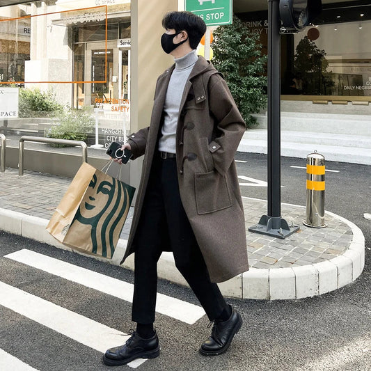 sanyamk Autumn Winter Men's Hooded Coat men Long  trench Coat with Lining Wool Blends Streetwear Knee Coats Casual Men's Outerwear Cloth