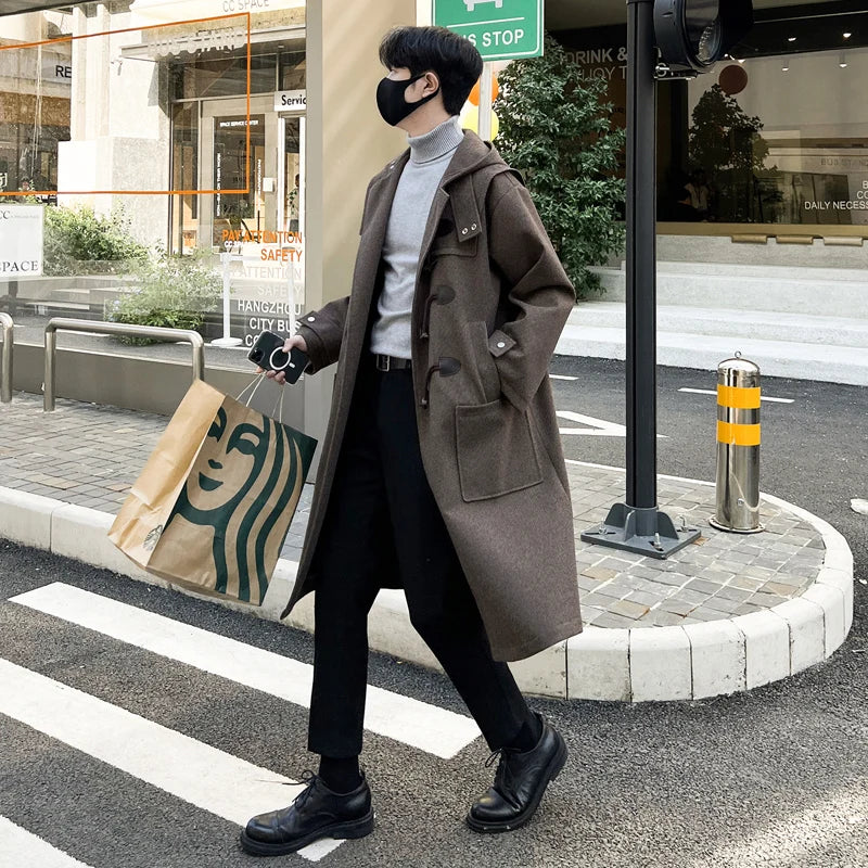 sanyamk Korean-style Woolen Trench Men Horn Button Casual Long Windbreaker Winter Hooded Jacket Coats Fashion Trenchcoat