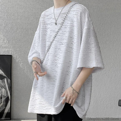 sanyamk Summer Chic Fashion Holes T-Shirts For Men Clothing Short Sleeve O-Neck Loose Casual Solid Color Tee Shirt Homme Streetwear