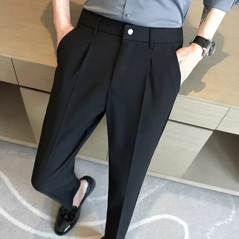 sanyamk British Style Summer New Solid Suit Pants Men Formal Slim Fit Business Elastic Casual High Quality Social Dress