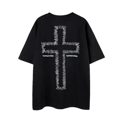 sanyamk 2022 New Arrival Summer Retro Dark Cross Embroidery Hip Hop High Street Couple Cotton O-neck Short Sleeve Personalized Tshirt