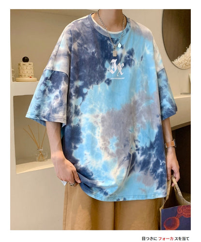 Bonsir Men Summer New Hot Hip Hop Streetwear Fashion T-Shirts Cotton Oversized Top Tees Mens Casual Tie-Dye O-Neck Short Sleeve T Shirt