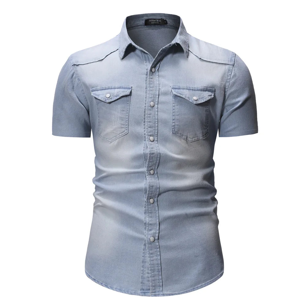 sanyamk Summer New Simple Men Denim Shirt Casual Business Mens Short Sleeve Shirts Fashion Polo Collar Male Tops