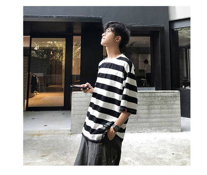 Bonsir New stripe Mens T Shirt Cotton  Summer  Male Oversized Tee Shirts 5XL Big Size Japanese Harajuku street Fashion Clothing