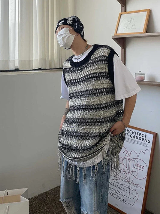 sanyamk Striped Mesh Vest for Men Vintage Knit Tank Tops Sleeveless Tee Male Casual Summer Beach Japanese Streetwear Hip Hop