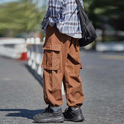 Bonsir Large Pockets Men's Cargo Pants Drawstring Loose Fashion Streetwear Male Trousers Harajuku Solid Color Pants