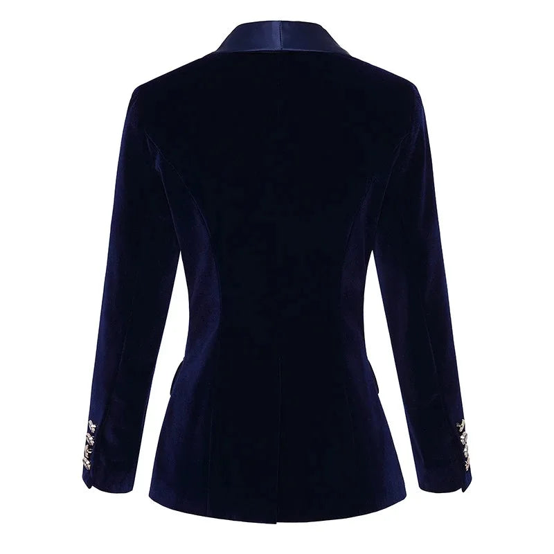 BONSIR  -  Dark Blue Black Blazer Women Spring Autumn Long Sleeve Velvet Coats Shawl Collar Single Button Blazers Women Jacket Coat Female