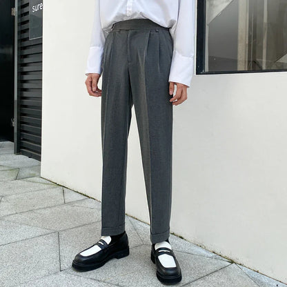 sanyamk  -  Korean Belt Suit Pants Men Fashion Solid Color Casual Dress Pants Men Loose Straight Trousers Mens Office Formal Trousers 28-34