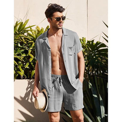 sanyamk Summer Cotton and Linen Men Suit Short Sleeve Shorts Solid High Quality 2 Piece Beach Outdoor Travel Casual Breathable  Blazer