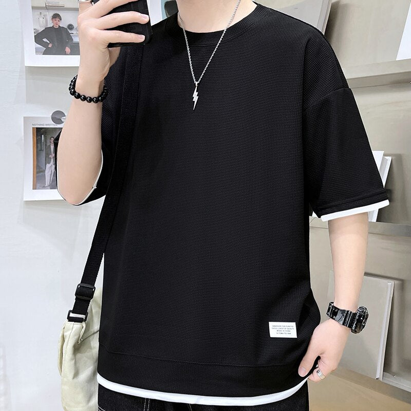 sanyamk Casual Men's Waffle Short-Sleeved T-Shirt Men's 2022 Summer New Simple Loose T-Shirt Fashion Round Neck Quick-Drying Men's Top