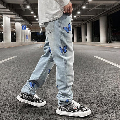 sanyamk Harajuku Butterfly Print Washed Blue Jenas Pants for Mens Retro Straight Vibe Style Ripped Casual Denim Trousers Oversized