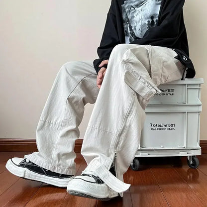 Bonsir Zipper Cargo Pants Men Cotton White Cargo Trousers Male Hip Hop Streetwear Vintage Loose Casual Safari Style Pocket