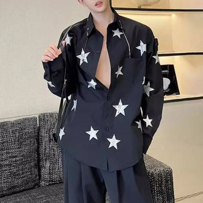 sanyamk Mens Y2k Casual Five-Pointed Star Printed Shirt Autumn Genderless Fashion Trend Personalized Versatile Long-Sleeved Shirt Unisex