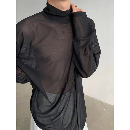 sanyamk Sexy Perspective High-neck Long Sleeve T Shirt Men Women Net Yarn Bottoming Shirt Spring Summer Transparent Black Tee Shirts