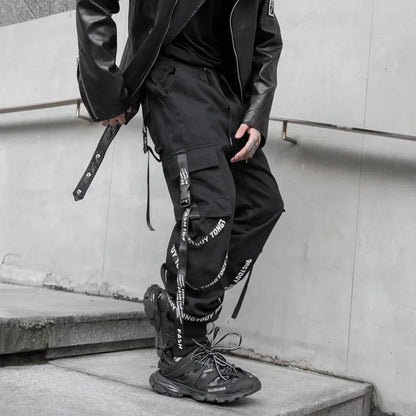 sanyamk Techwear Cargo Pants Men Joggers Black Cargo Trousers for Men Jogging Japanese Streetwear Hip Hop Hippie Gothic Ribbon