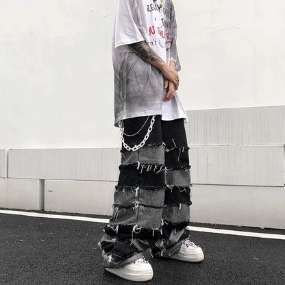 sanyamk Grunge Clothes Ripped Jeans Men Streetwear Casual New Fashion Trousers Wide Leg Street Autumn Winter Punk Distressed Denim Pants